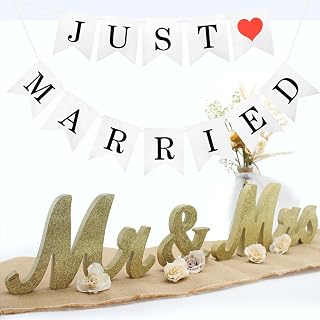 Mr & Mrs Sign for Wedding Table, Just Married Banner, Wedding Decoration Items, Head Table Wood Letter, Anniversary Party Valentine's Day Vintage Decor (Golden W/Banner)