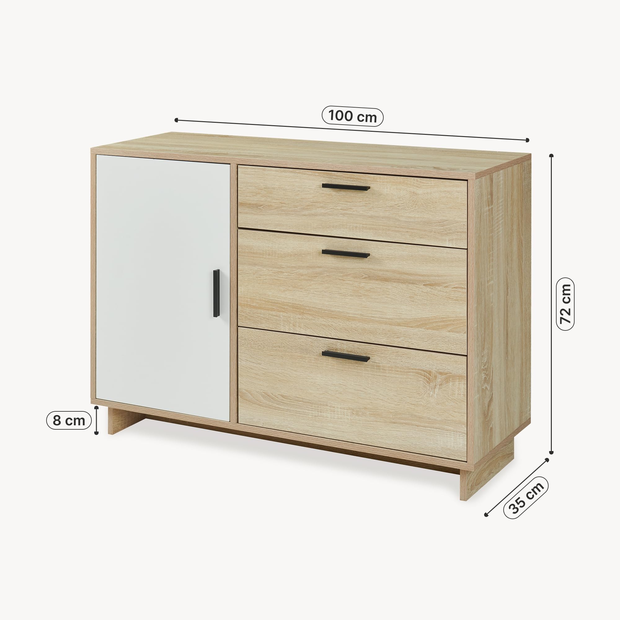 [en.casa] Sideboard Kenta Kommode mit 1 Tür und 3 Schubladen Mehrzweckschrank 100 x 35 x 72 cm Wohnzimmerschrank Buffetschrank Sonoma-Eicheoptik/Weiß