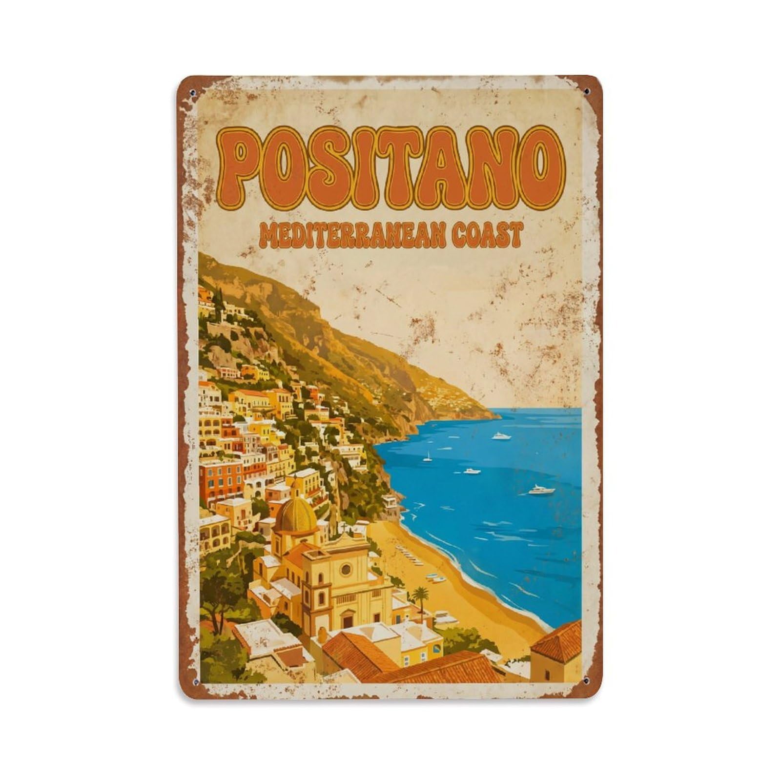 Vintage Travel Positano Italy Topaz Metal Tin Sign