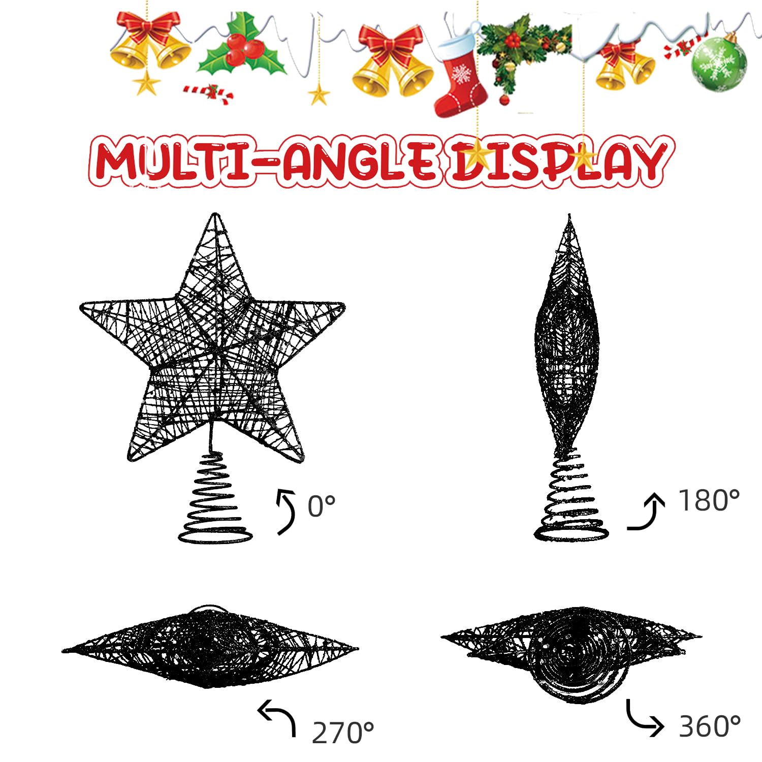 VEYLIN Black Christmas Tree Topper, Glittered Hollow Star Topper for Christmas Tree Ornament, Style 7 - Image 3
