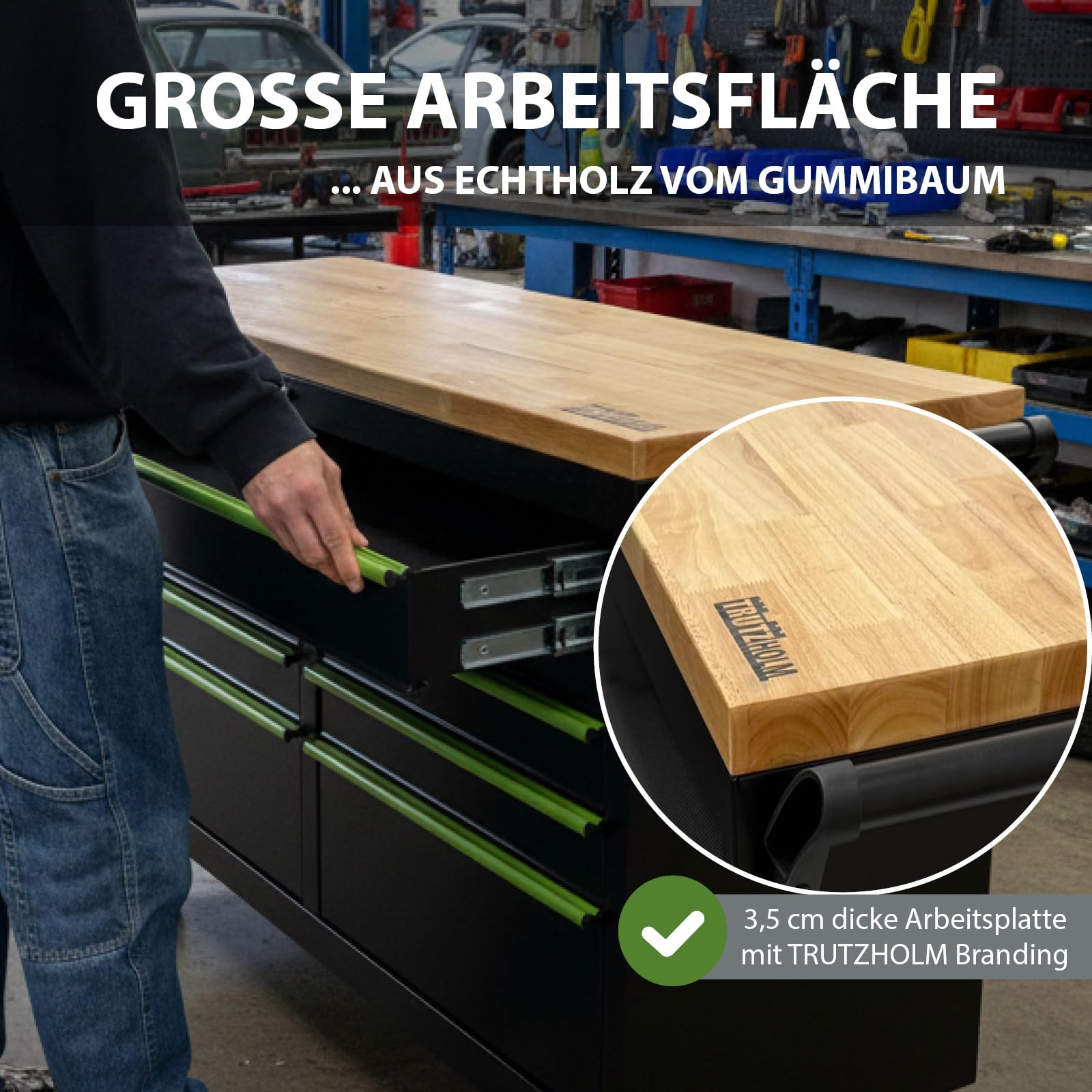 TRUTZHOLM Werkstattwagen Star XXL unbestückt, Profi Werkzeugwagen mit 9 kugelgelagerten Schubladen, 750 kg Traglast, 35 mm Hartholz-Arbeitsplatte, abschließbar, rollbar mit Feststellbremsen