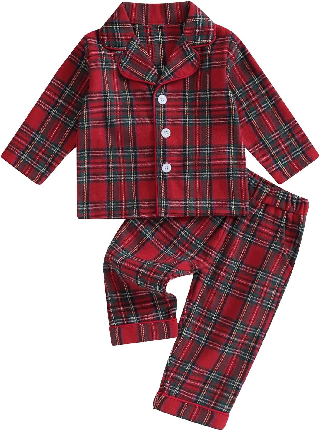 MoccyBabeLeeKids Baby Boy Girl Cotton Pajamas Set PJS Long Sleeve Button Down Sleepwear 2 Piece Tops Pants Nightwear Homewear