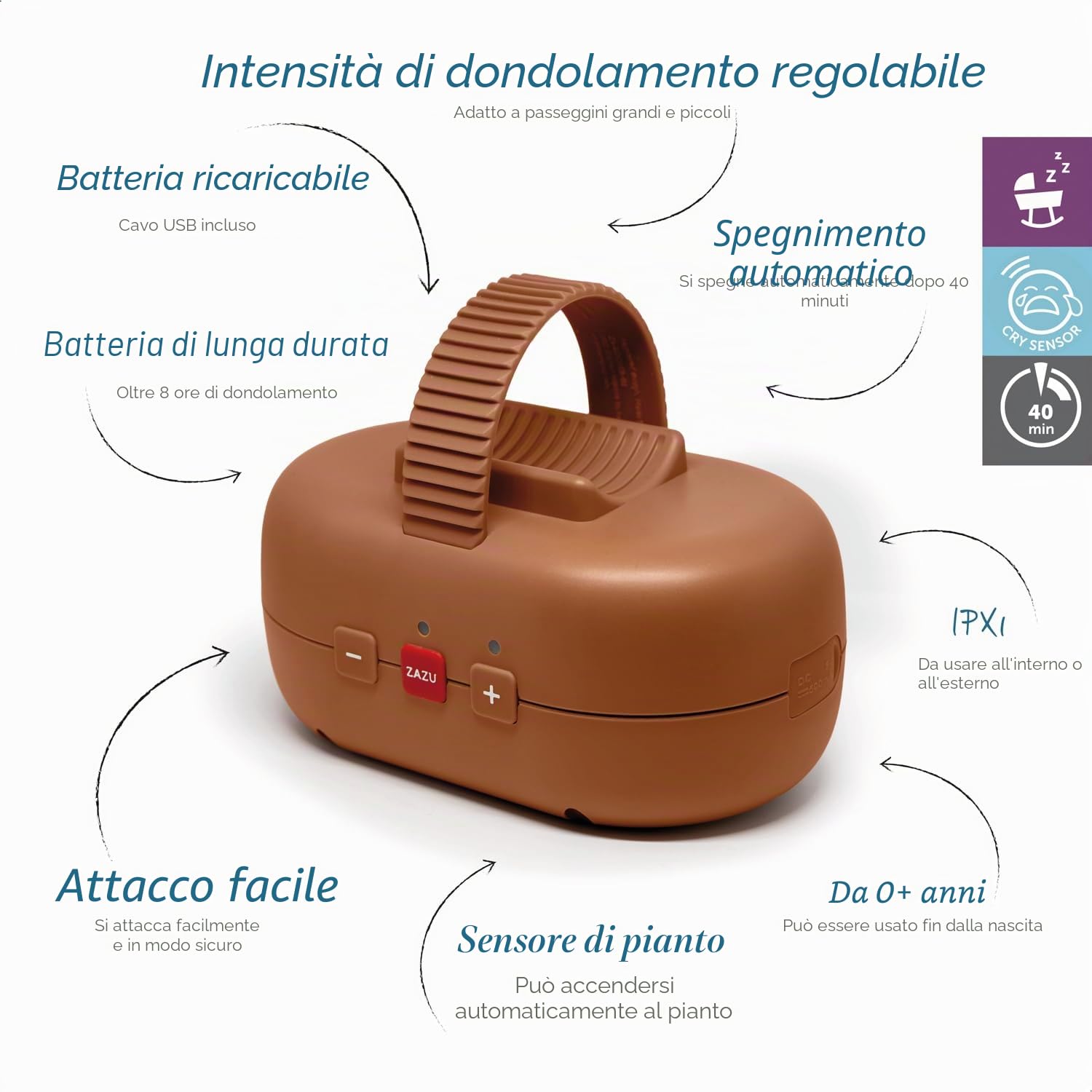 ZAZU Robby Bilanciere Automatico per Passeggini, Seggiolini Auto e Amache - Altalena Regolabile, Timer 40 Min, Sensore di Pianto, Ricaricabile USB-C, Resistente all'Acqua, Universale (Marrone)