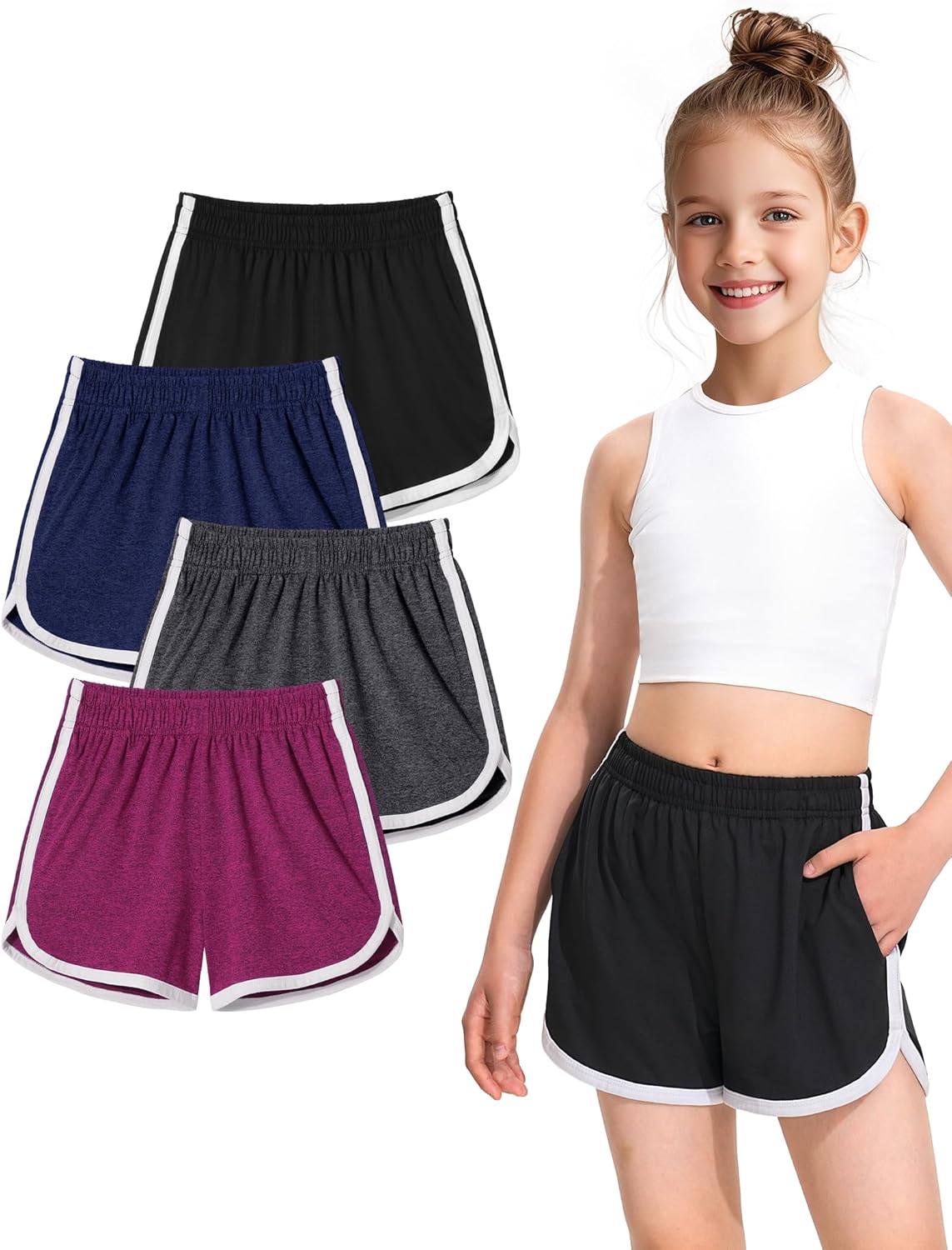 BOOPH 4 Packs Girls Shorts Quick Dry Kids Athletic Soccer Running Dolphin Shorts with Pockets