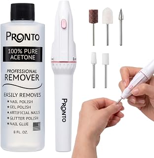 Pronto Electric Nail File + 8 fl oz Acetone Combo | Battery Operated Portable Nail Buffer for Shaping, Smoothing & Buffing Nails | DIY Manicure Pedicure Nail Care Kit for Home Use
