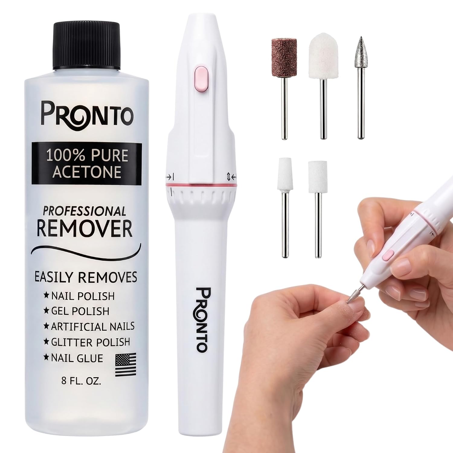 PRONTO Electric Nail File + 8 fl oz Acetone Combo | Battery Operated Portable Nail Buffer for Shaping, Smoothing & Buffing Nails | DIY Manicure Pedicure Nail Care Kit for Home Use