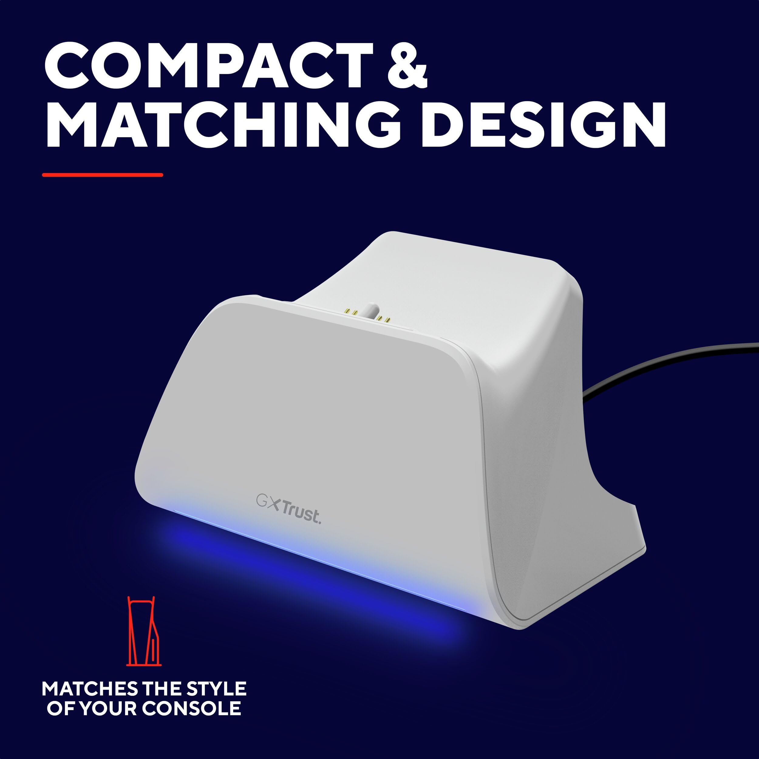 Trust GXT 255W PS5 Controller Ladestation für DualSense, PlayStation 5 Controller Halter für Laderegler mit Place on Design, LED Beleuchtung, Antirutsch Pad, USB C C Kabel, PS5 Zubehör, Weiß