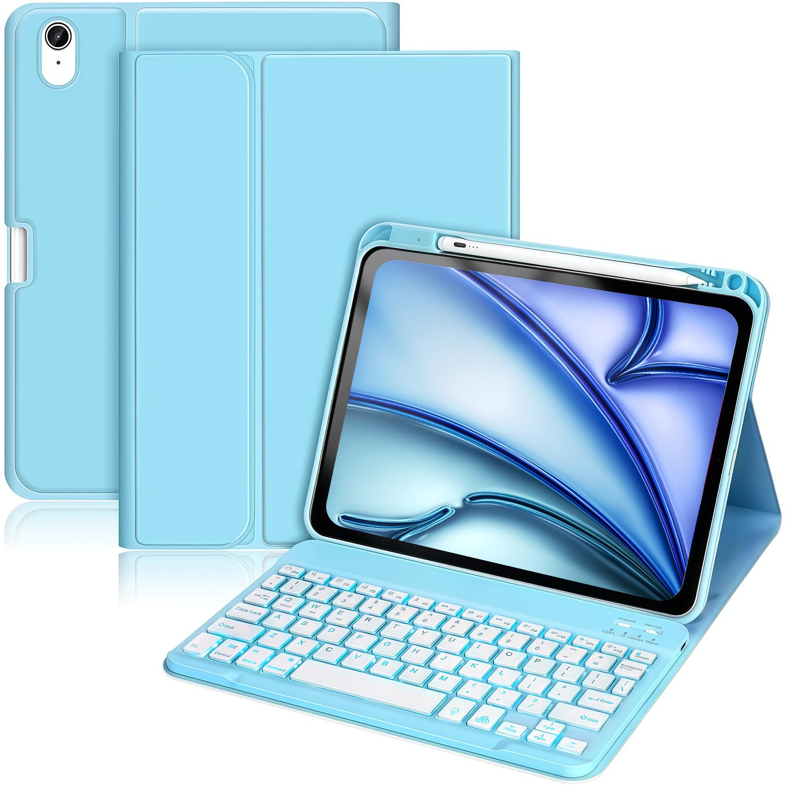Hülle mit Tastatur für iPad Air 11 Zoll M4 2026/M3 2025/M2 2024, iPad Air 5 4 2022 2020 10,9 Zoll (2022/2020), 7 Farben Beleuchtete mit Abnehmbare Tastatur, TPU Rückschale mit Stifthalter, Hellblau
