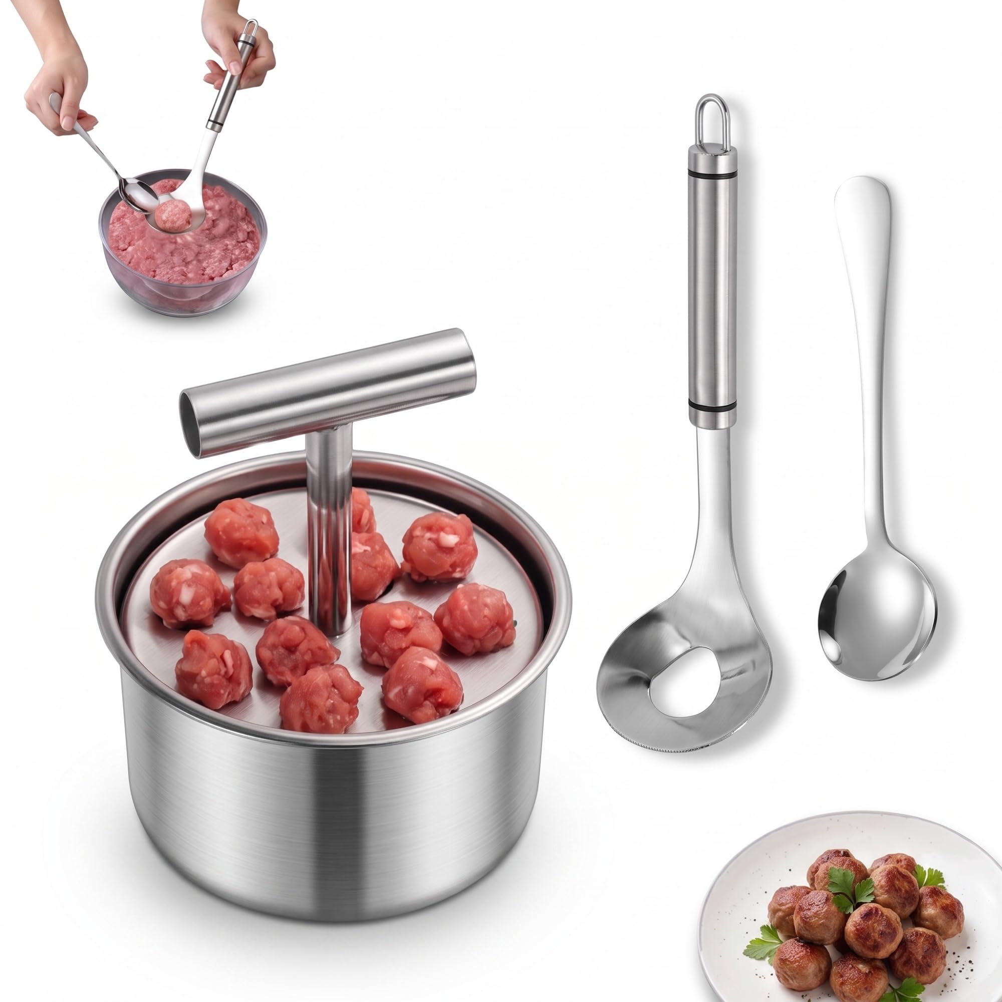 Stainless Steel Meatball Maker Tool & Spoon — Manual Meat Ball Making Mold