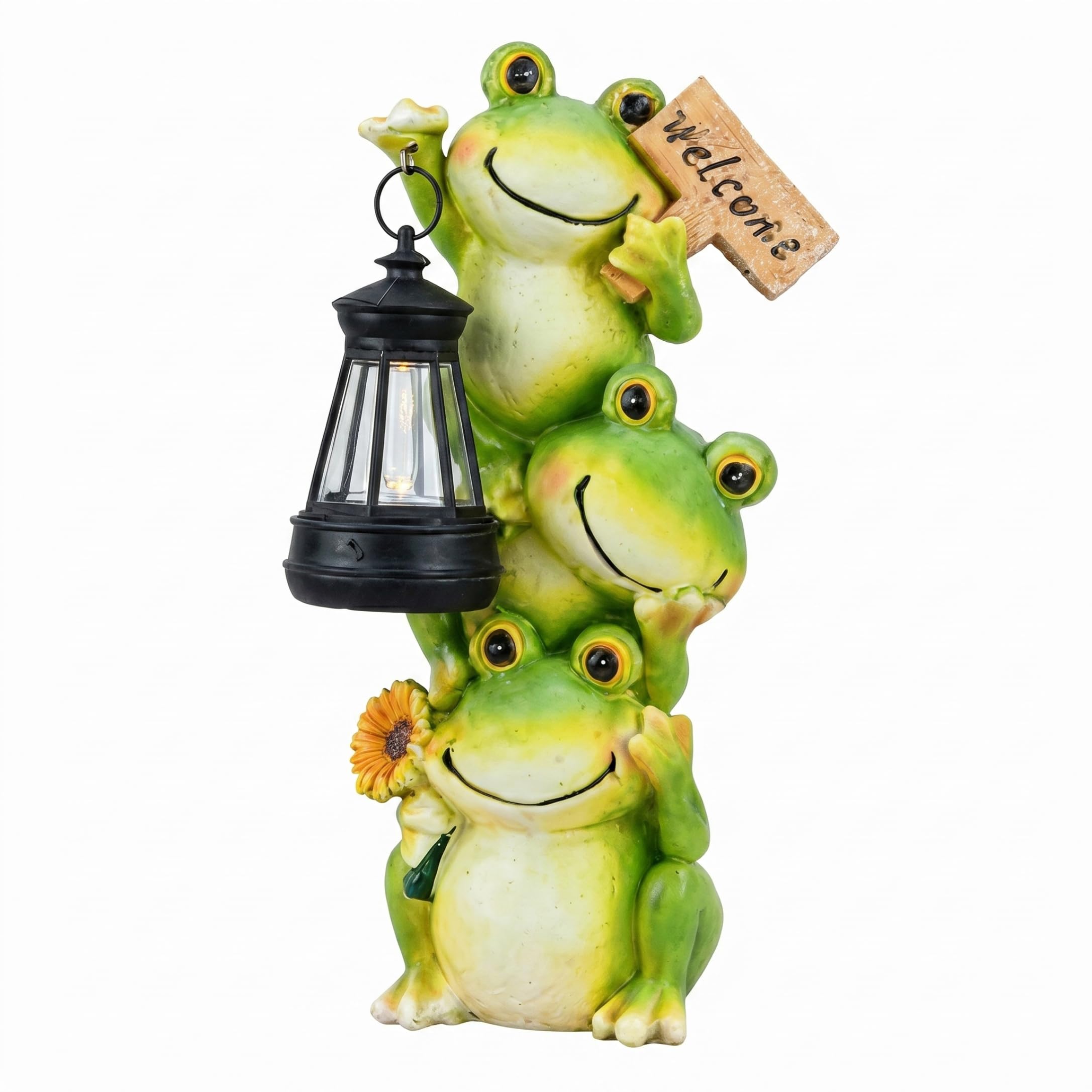 AwnsIMfreien Frog Statue, Solar Frog Garden Decor Stacked Statue with LED Lantern & Welcome Board Cute Outdoor Decor for Lawn & Patio - 8X4in, Outdoor