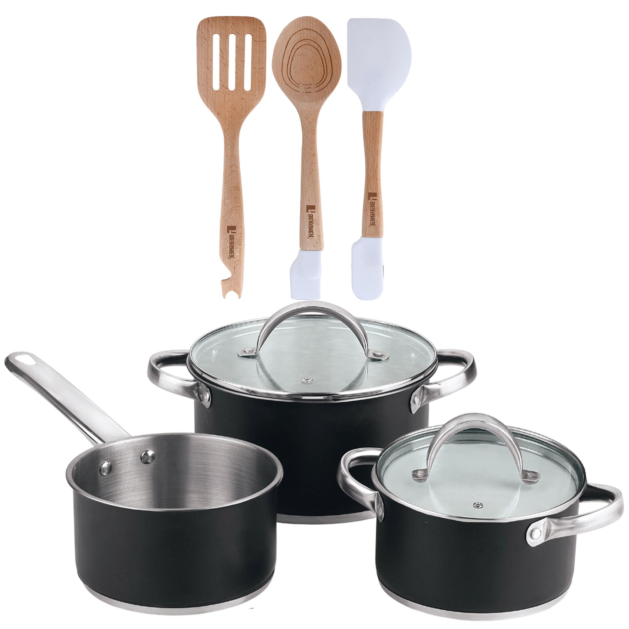 5-teiliges Kochgeschirr-Set (2 Töpfe mit Deckel + Kasserolle) Stahl mit Beschichtung + Bergner NATURALLY 3-teiliges Küchenhelfer-Set aus Silikon und Holz