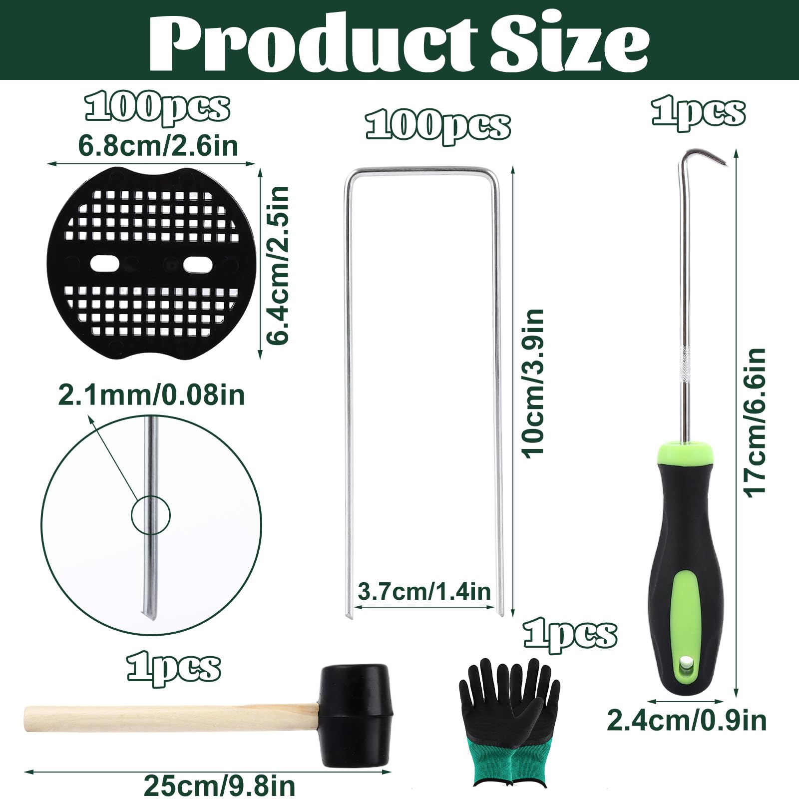 Lot de 100 piquets de membrane de mauvaises herbes, avec 100 rondelles tampons, crochet et marteau, piquets en métal galvanisé de 100 mm, piquets de sol de jardin en forme de U pour gazon