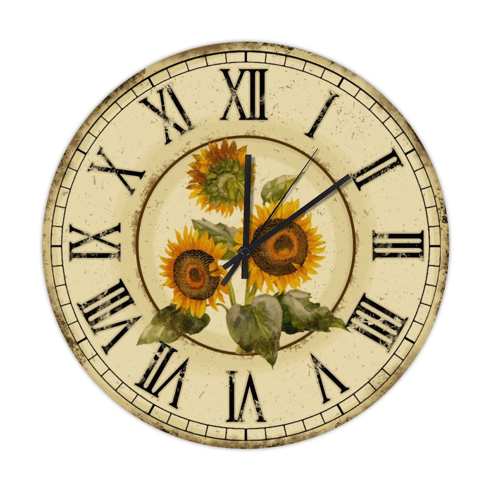 Horloge murale sans tic-tac en bois vintage tournesol à piles 38cm