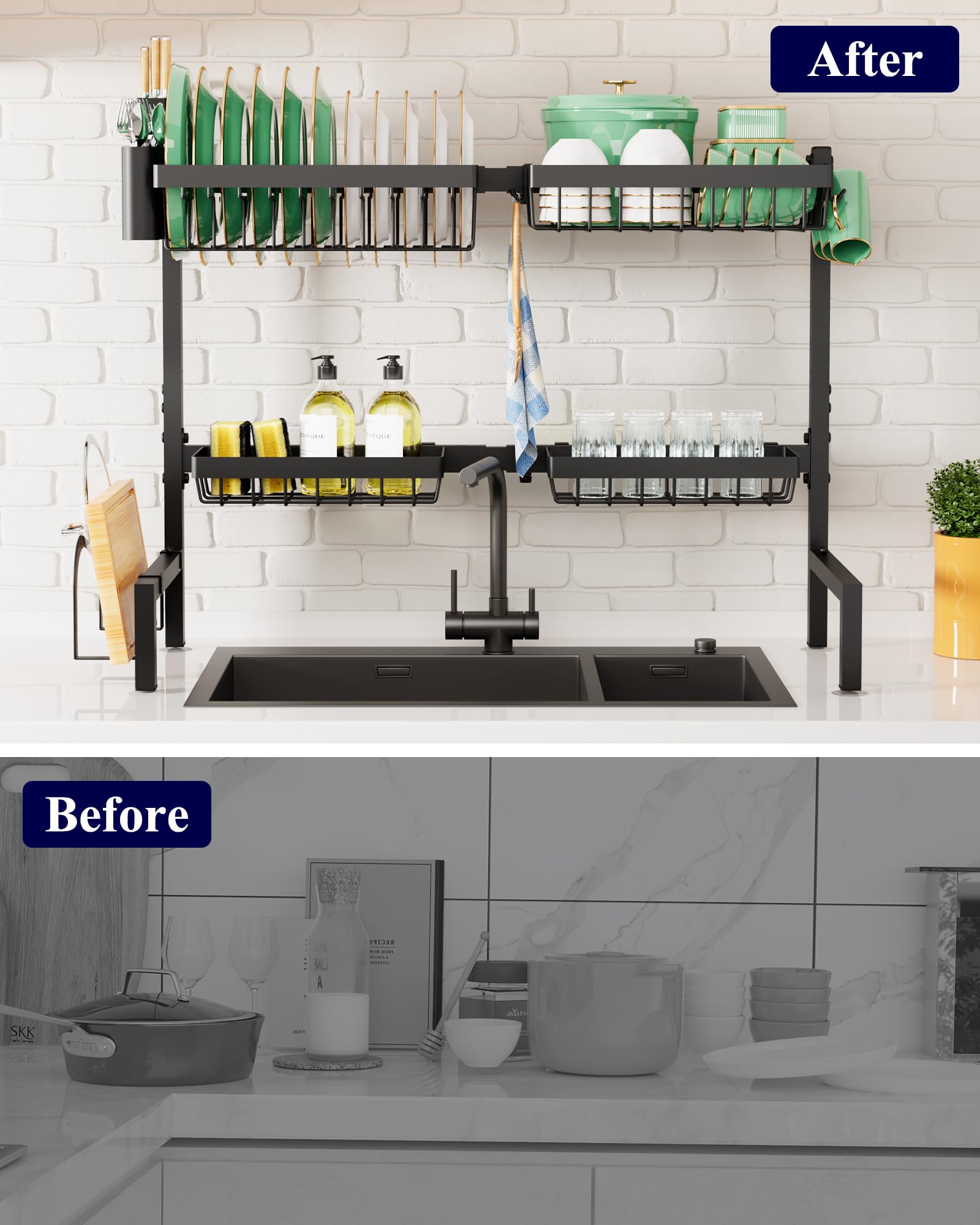 Kitsure - Escurridor de platos para encimera de cocina, para organización y almacenamiento, de acero inoxidable con soporte para cubiertos, 30 a 33.9 x 21.5 pulgadas, negro