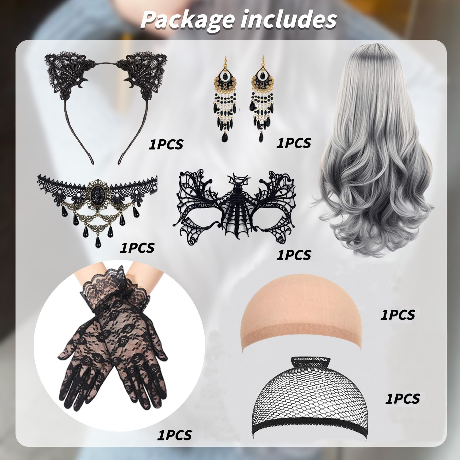 Wednesday Perücke 5 Stück, Perücke Schwarz Lang Mit Gotische Halskette, Ohrringe Und Schwarz Augenmaske, Wednesday Kostüm Damen, Für Cosplay Karneval Halloween Party