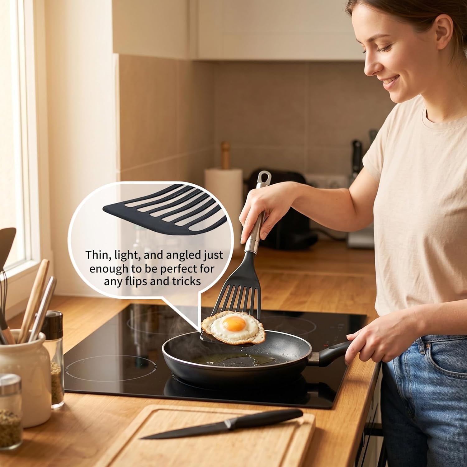 KSENDALO 2 dünne, flexible Nylon-Fischspachtel-Set für antihaftbeschichtetes Kochgeschirr, Fischspatel, Eierwender, hohler Stahlgriff, LFGB-zertifiziertes Nylon, dünne Klinge, stabiler hohler Griff
