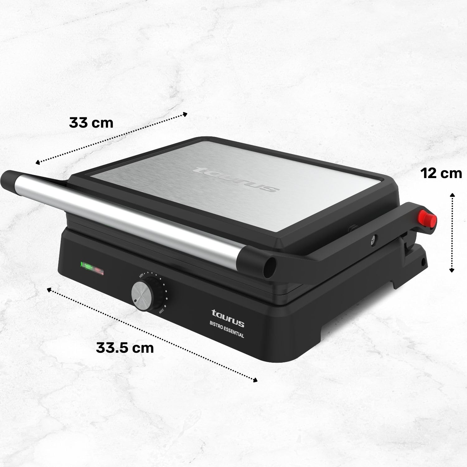 Taurus - Grill Essential 2600W | 2 en 1: Grill y Plancha | Placa 29x23 cm | Revestimiento Antiadherente sin PFOA | Bandeja recogegrasa | Termostato ajustable | Cool Touch y bloqueo seguro