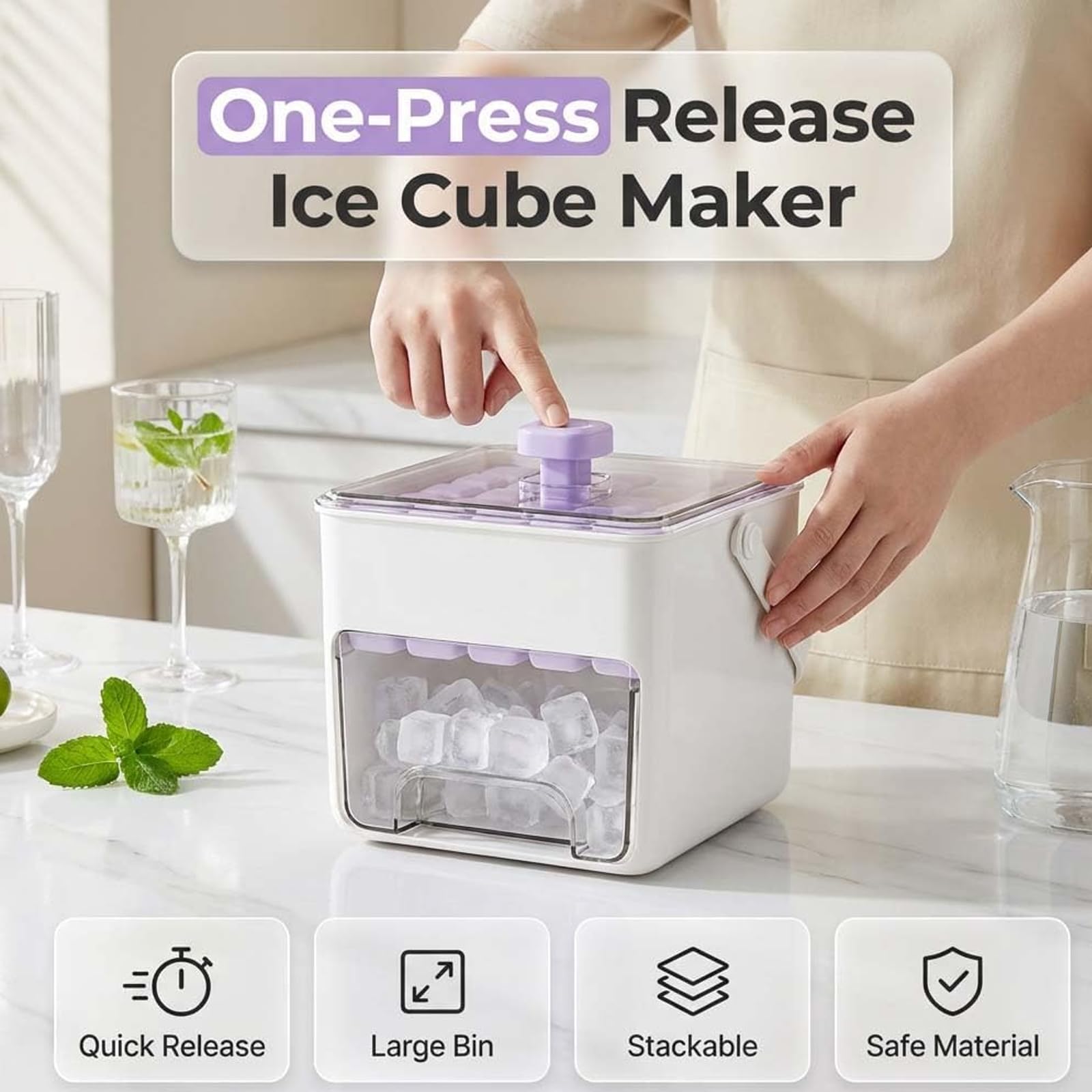 Bac à glaçons empilable portable à double étage avec couvercle facile à presser pour congélateur, idéal pour whisky, cocktail, bière, capacité de 25/50 cubes