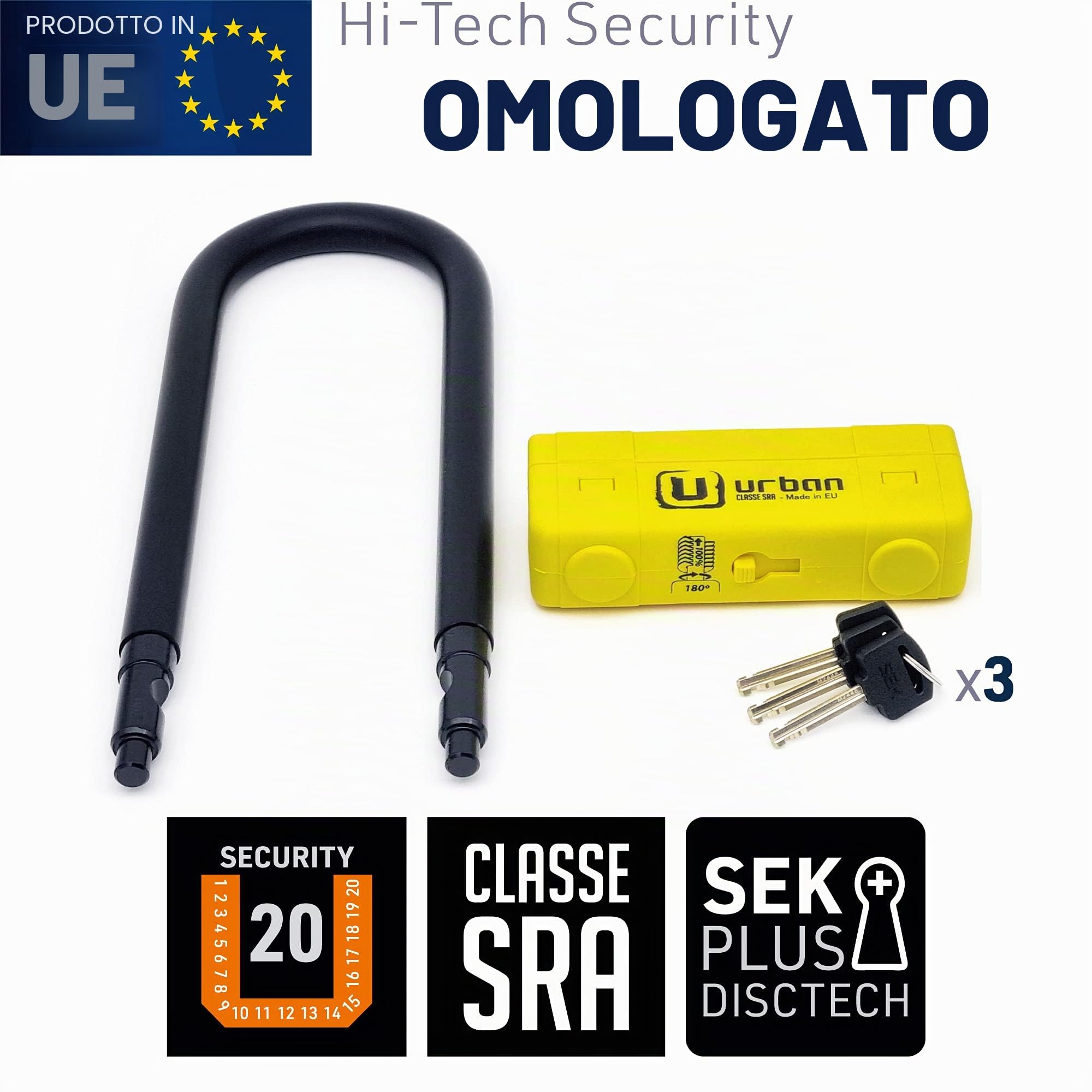 URBAN UR85250Y Lucchetto a U per Alta Sicurezza Omologato SRA, Arco ø18 in Acciaio Cementato, Doppio Blocco Antigraffio, Guscio Visibile e Accattivante, U Lock Antifurto 85x250mm per Moto e Scooter