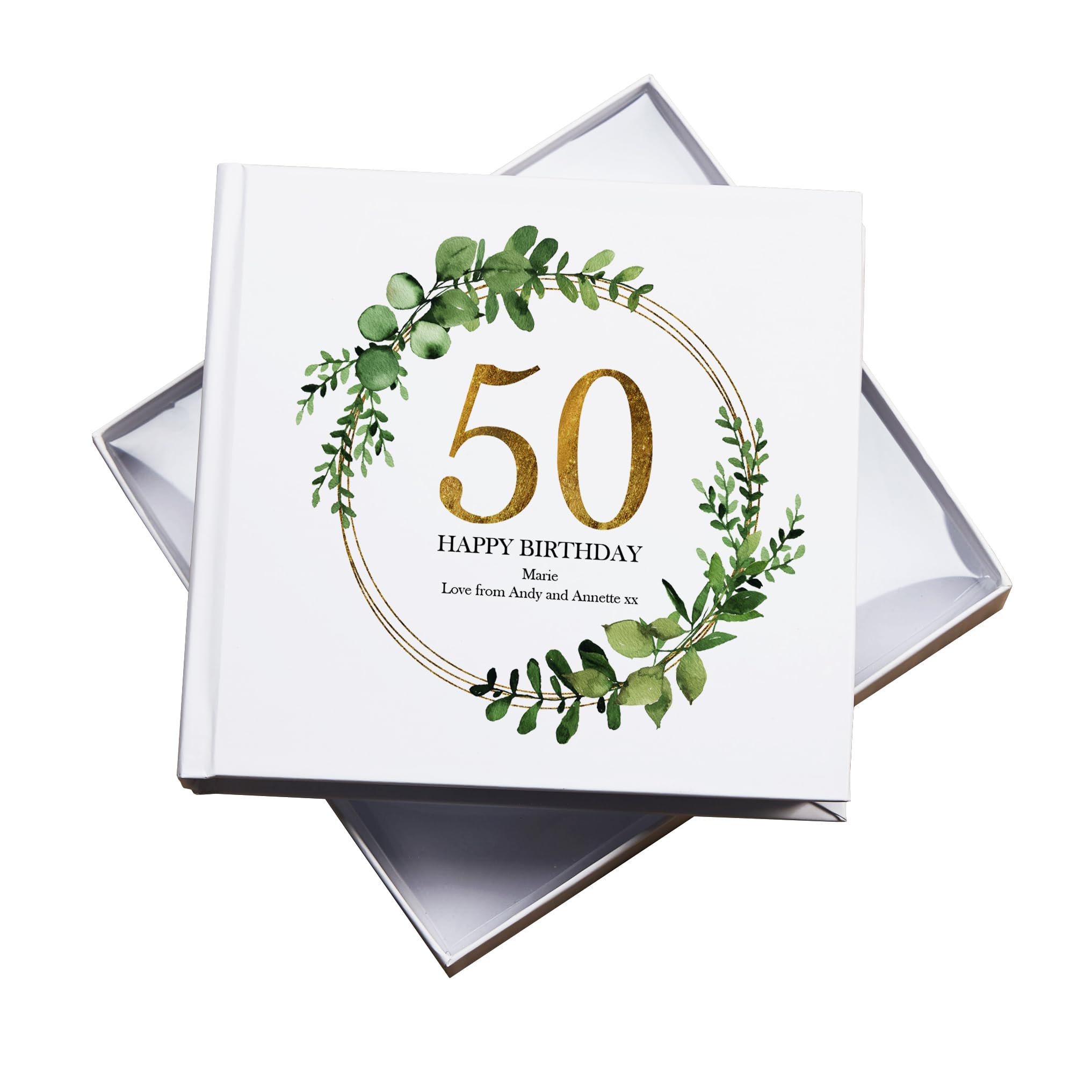 Ukgiftstoreonline White Personalised 50Th Birthday Gift For Her Photo Album Gold Wreath Design