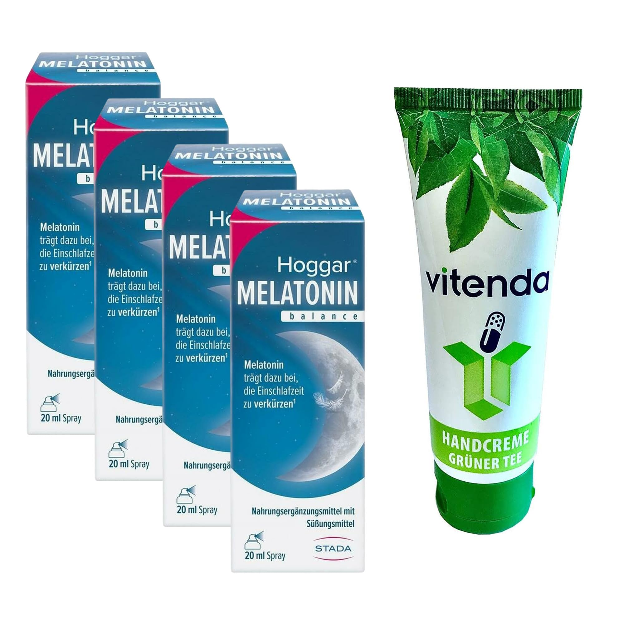 Set: Einschlafspray mit Melatonin, Vitamin B6 & Passionsblume mit Hoggar zur Unterstützung beim Einschlafen, 4x20ml – inkl. vitenda Handcreme