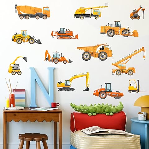Eutecado Construction Vehicles Wall Stickers Truck Wall Decals for Kids Room, Tractor Crane Wall Stickers Cars Excavator Decals Toddler Boy Room Decor for Playroom Nursery Classroom