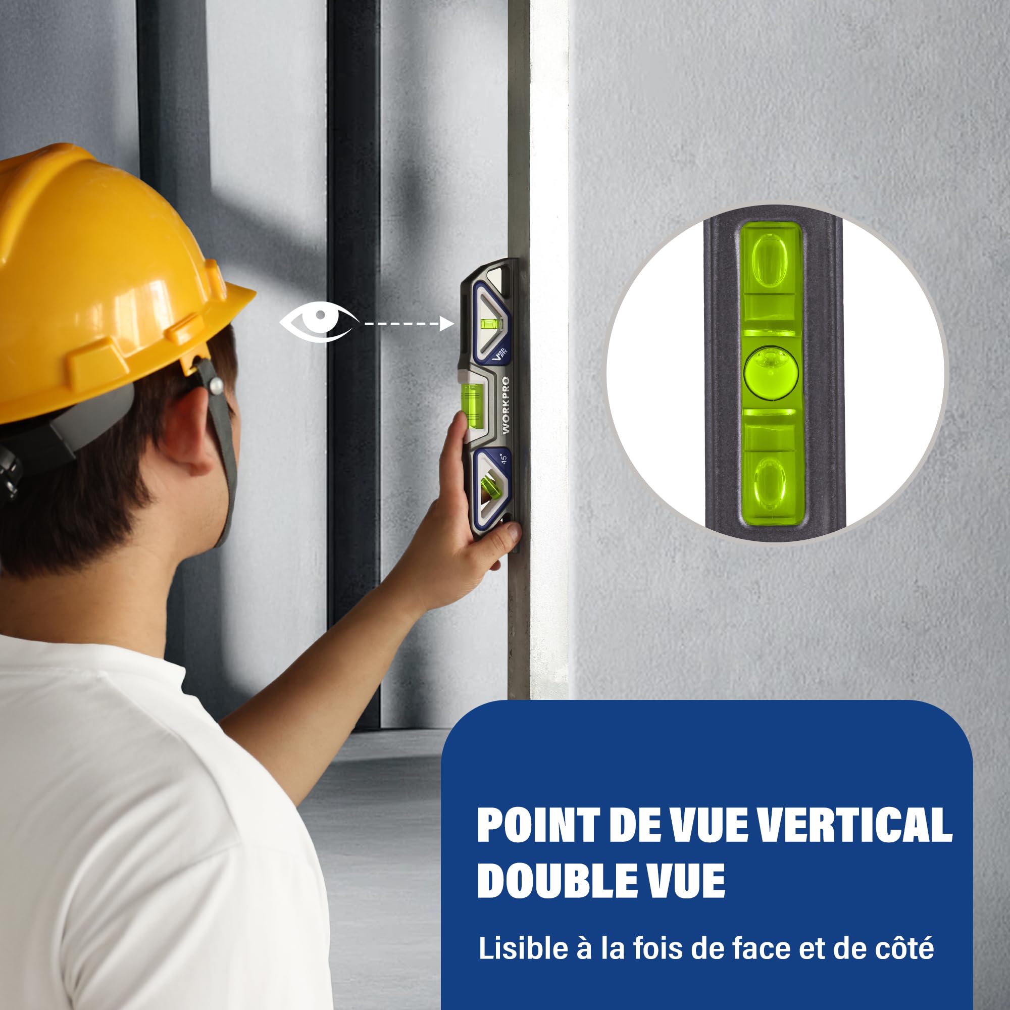 WORKPRO Niveau Torpédo Magnétique en Alliage d’Aluminium 25 cm | 3 Fioles 45°/90°/180°, Précision 0,5 mm/m, Fioles à Double Lecture Brevetées