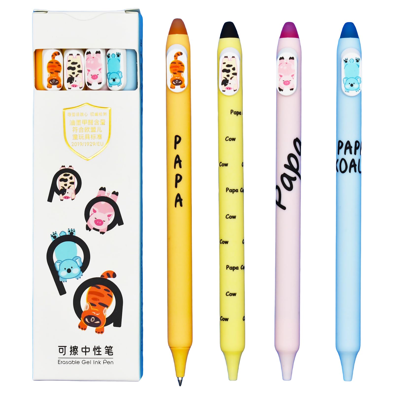 Maydahui 8 Pcs Cute Erasable PaPa Animal Pens 0.5 mm Retractable Kawaii Cow Pig Koala Bear Pens Mistake Free Writing Blue Ink For School Office