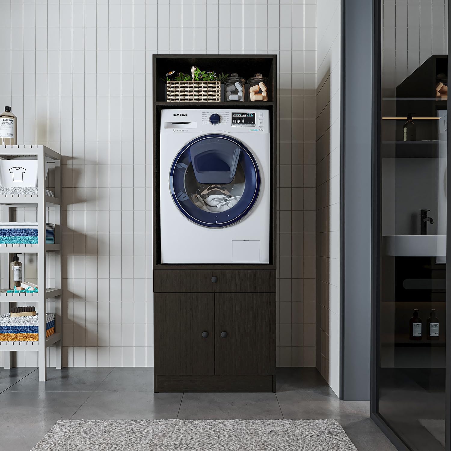 ROOMART Armoire de machine à laver avec plateau coulissant - Peu encombrante - Pratique - Idéal pour la buanderie (chêne noir, 1 armoire - 184 cm de haut)