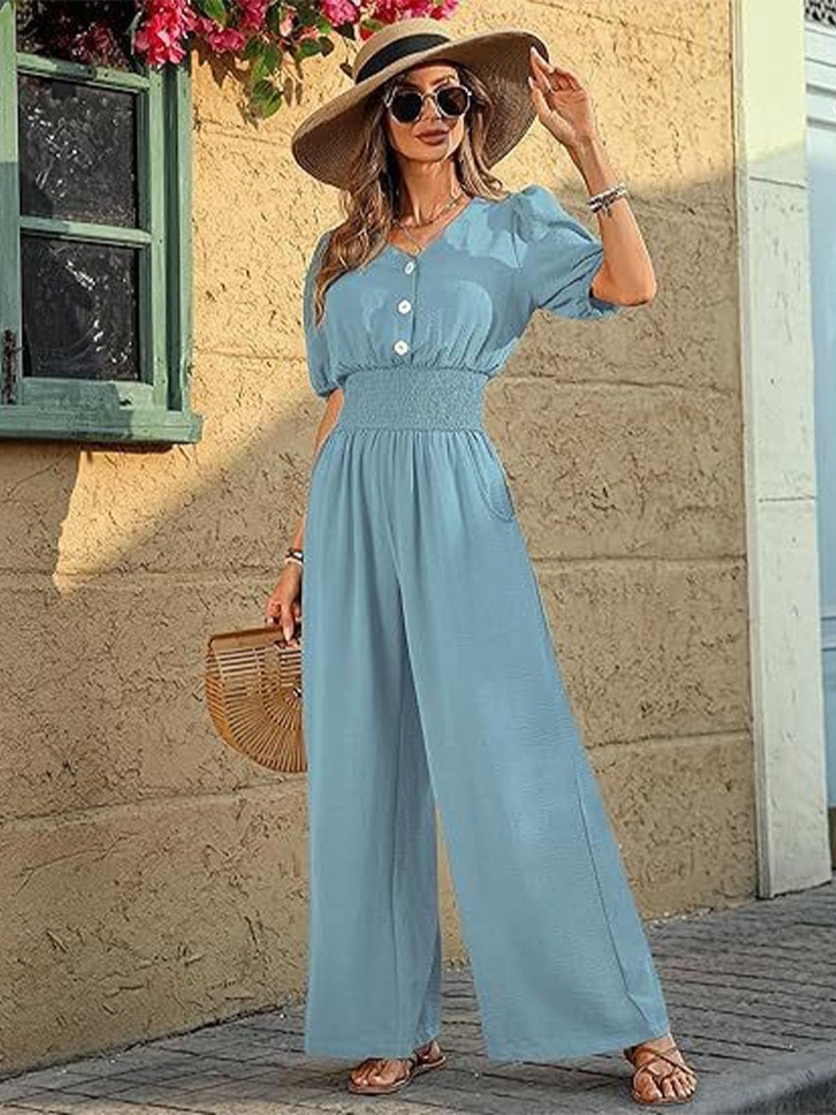 Jumpsuit Damen Sommer Kurzarm V-Ausschnitt Overall Elegant Taillenbetonender Jumpsuit Sommer Caual Playsuit mit Taschen