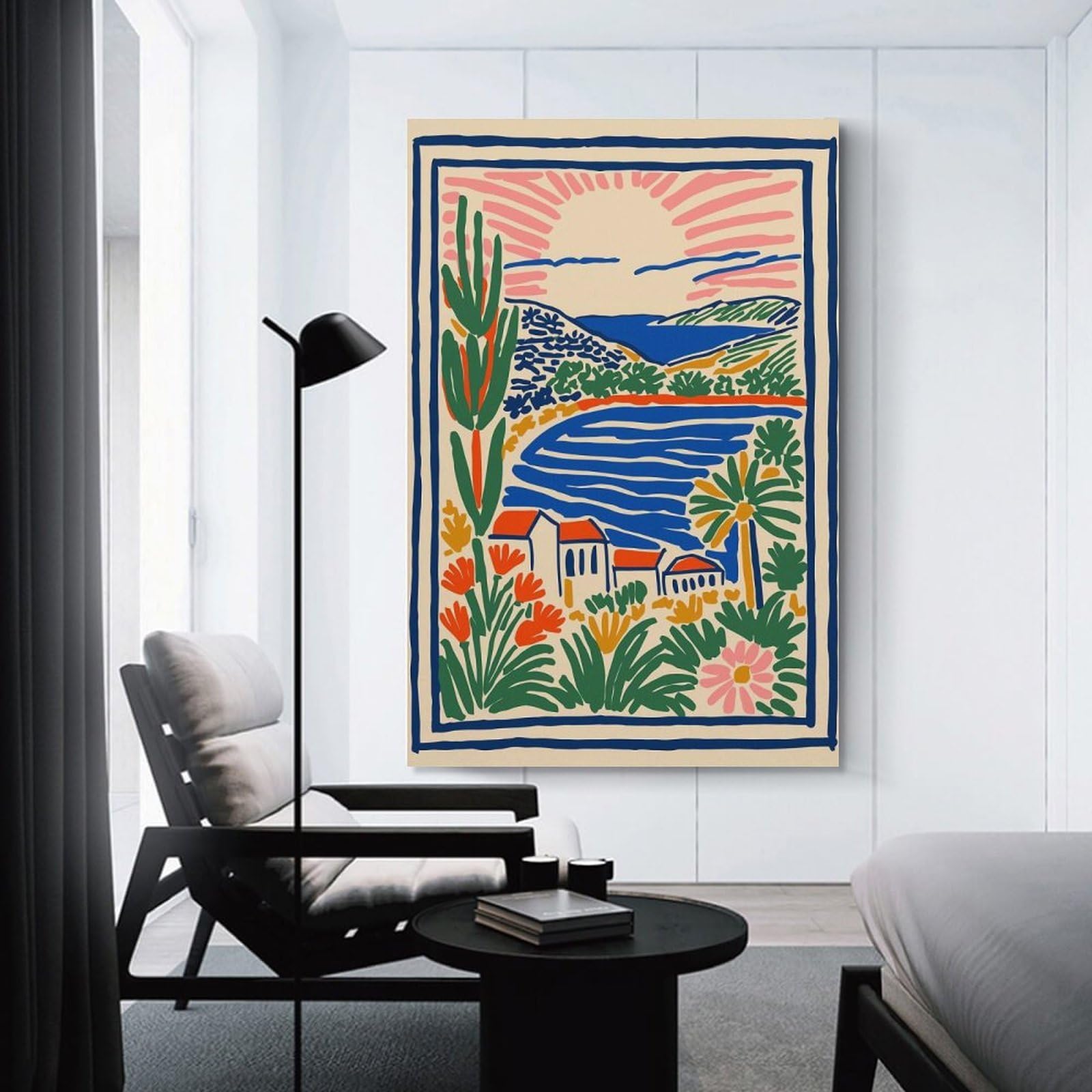 Junmoney Canvas Art Print Vibrant Coastal Landscape with Houses And Sun, 16x24inch(40x60cm), for Gallery Wall Decor And Room Displays, Wall Decor Suited to Curated Displays
