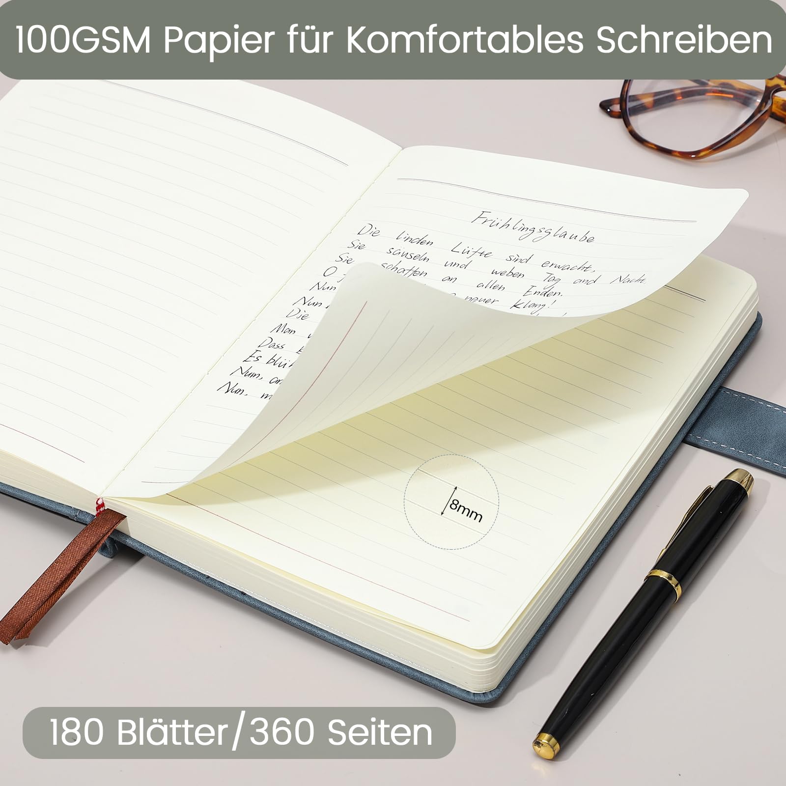 Gelinieerd notitieboek, groot A5 hardcover lederen dagboek, 312 genummerde pagina's werknotitieboek, 100 g/m² geen ontluchtingspapier, college gelinieerd notitieboek voor vrouwen mannen schoolkantoor