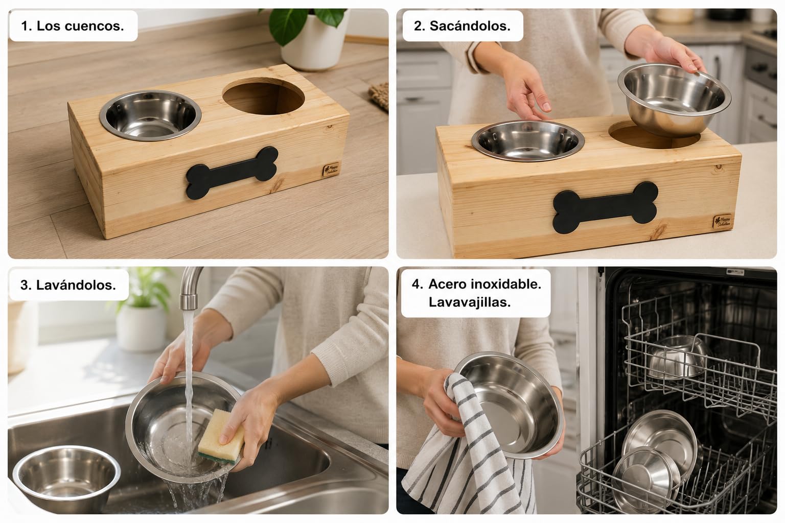 Comedero y Bebedero para Perro | Comedero Doble de Acero Inoxidable | Boles con Soporte Antideslizante | Hecho a Mano (L)