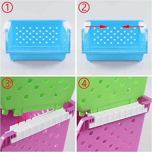 Miniatura 3 de Paquete de 4 cestas de almacenamiento apilables de plástico para cocina, contenedores de almacenamiento frontales abiertos apilables de colores