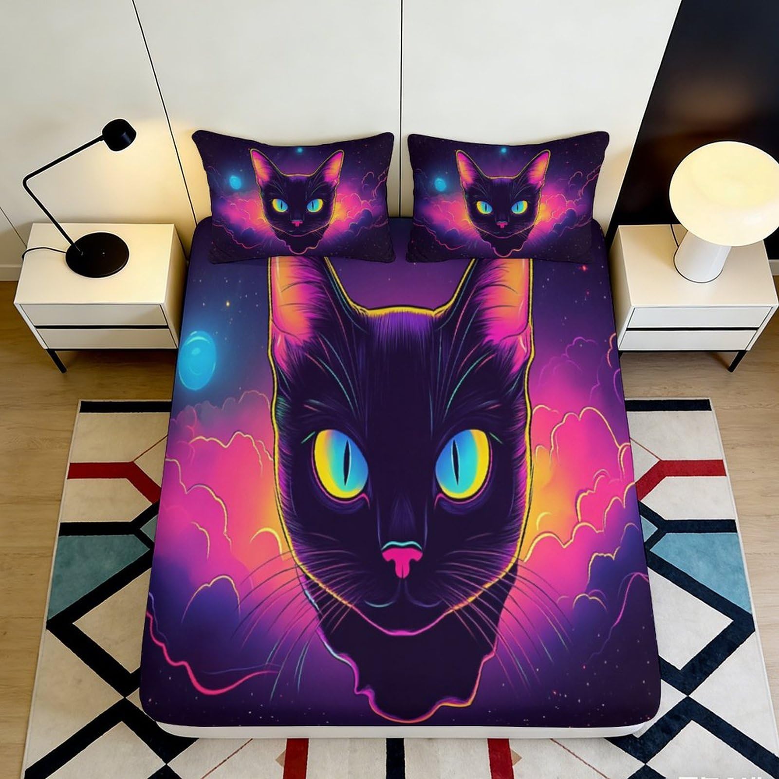 3D Printed Neon Cat Fitted Sheet Microfiber Purple Glow Artistic Bed Cover for Bedroom Dorm Mattress Protection Decor 90x200x25cm