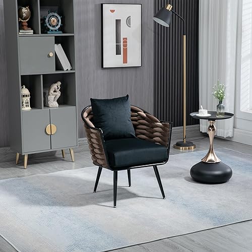 Miniatura 4 de Silla decorativa de terciopelo, silla tapizada con almohada suave, moderna silla individual con respaldo tejido y patas de metal sólido, cómoda