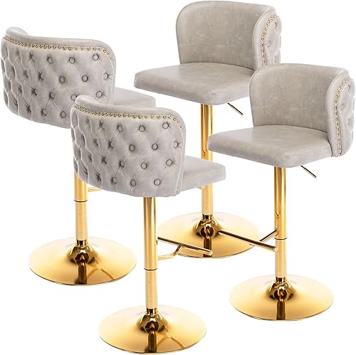 Miniatura 7 de Juego de 2 taburetes de bar de cuero, taburetes de bar giratorios tapizados de poliuretano, modernos taburetes altos ajustables con respaldo, sillas