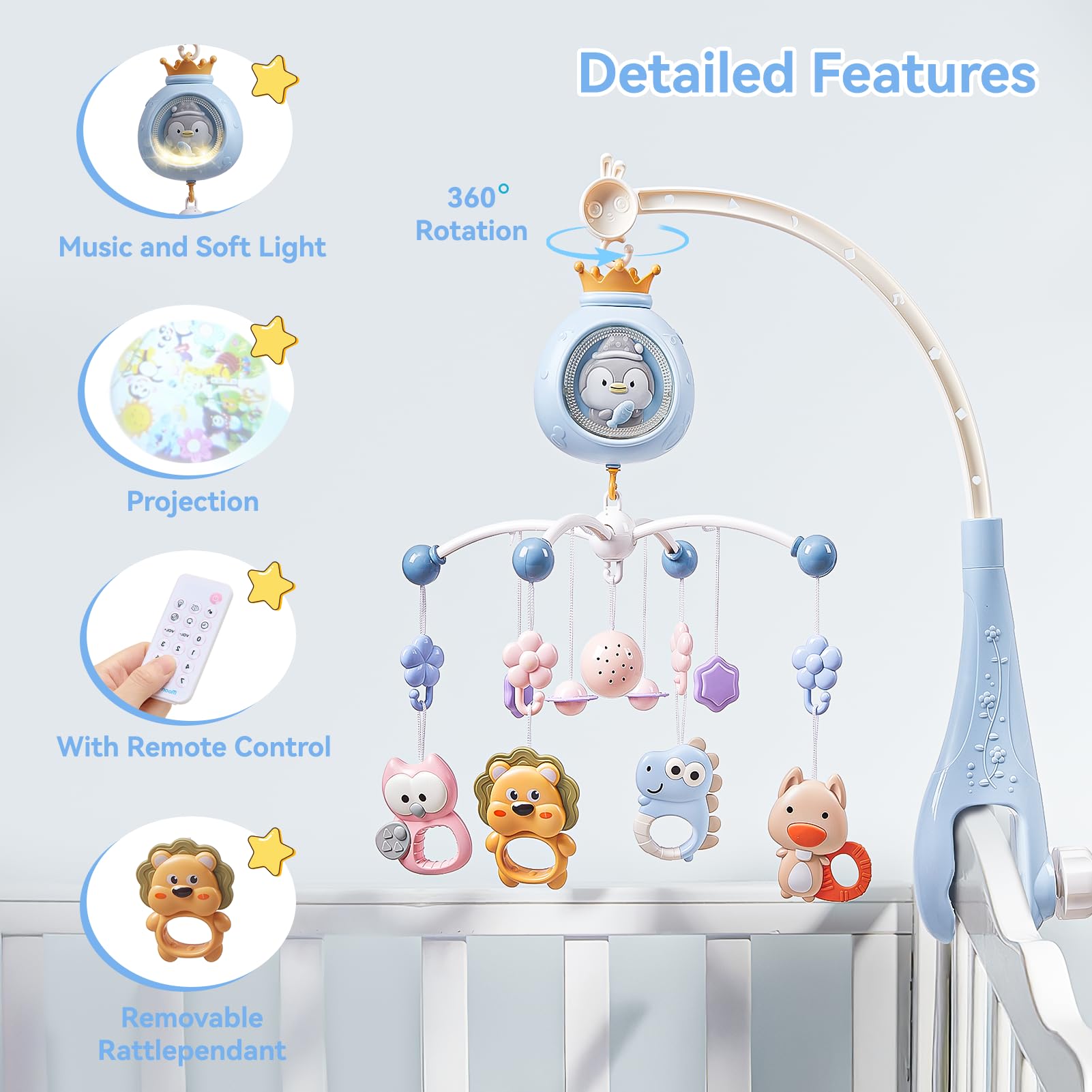 Warmiehomy Baby Cot Mobile with Light and Music Cot Mobiles for Babies with Penguin Projection Timing Function Remote Control Nursery Mobiles for Babies 0-12 Months - Image 2