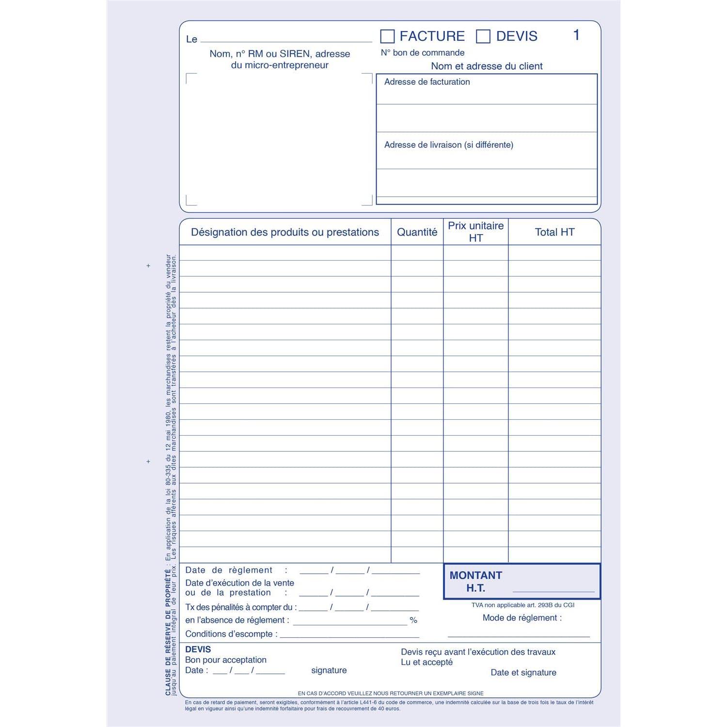 ELVE Lot de 3 Manifolds MICRO-ENTREPRENEUR Factures/Devis A4 40 feuilles Dupli