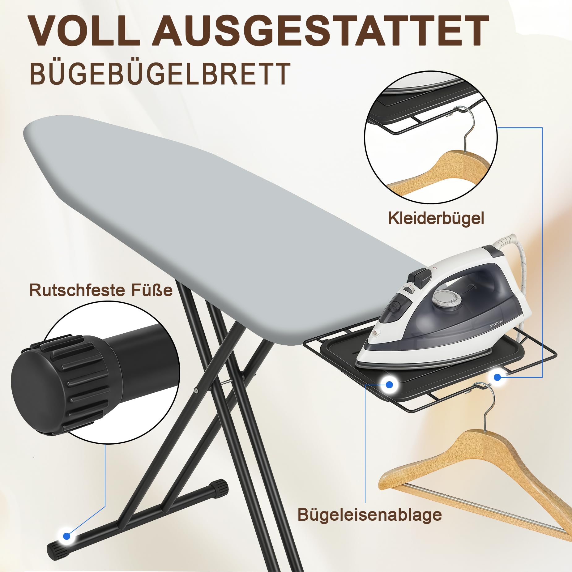 Bügelbrett 159 x 46 cm Volle Größe mit Bügeleisenablage, für Dampfbügeleisen geeignet, Stabile Gestell, Bequeme Lagerung, Ironing Board Grau