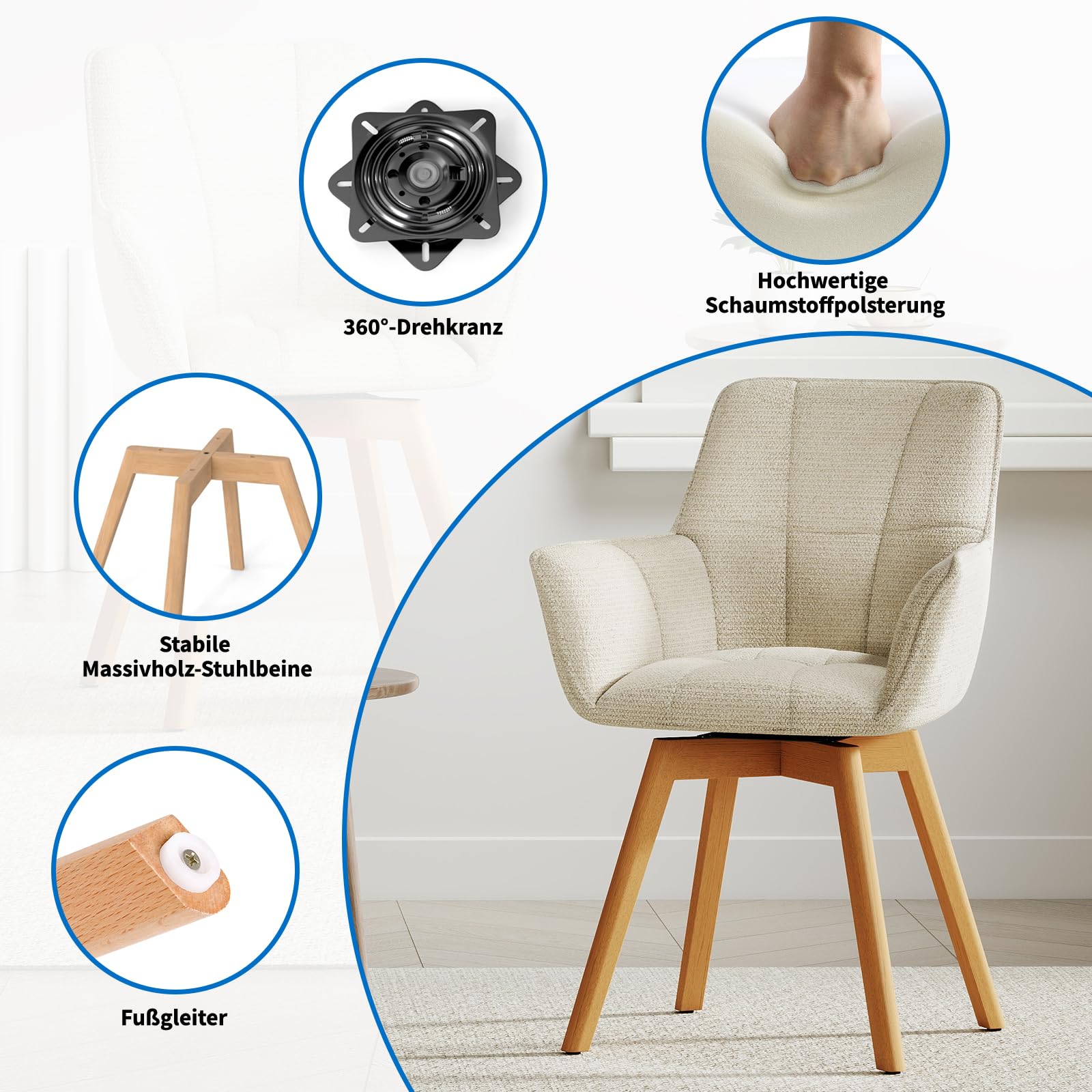 WAFTING 4er Set Drehbare Esszimmerstühle, 360° Drehstuhl mit Armlehnen Holzbeinen, Samtstoff Polsterstuhl für Esszimmer, Wohnzimmer, Küche, Schlafzimmer, Beige