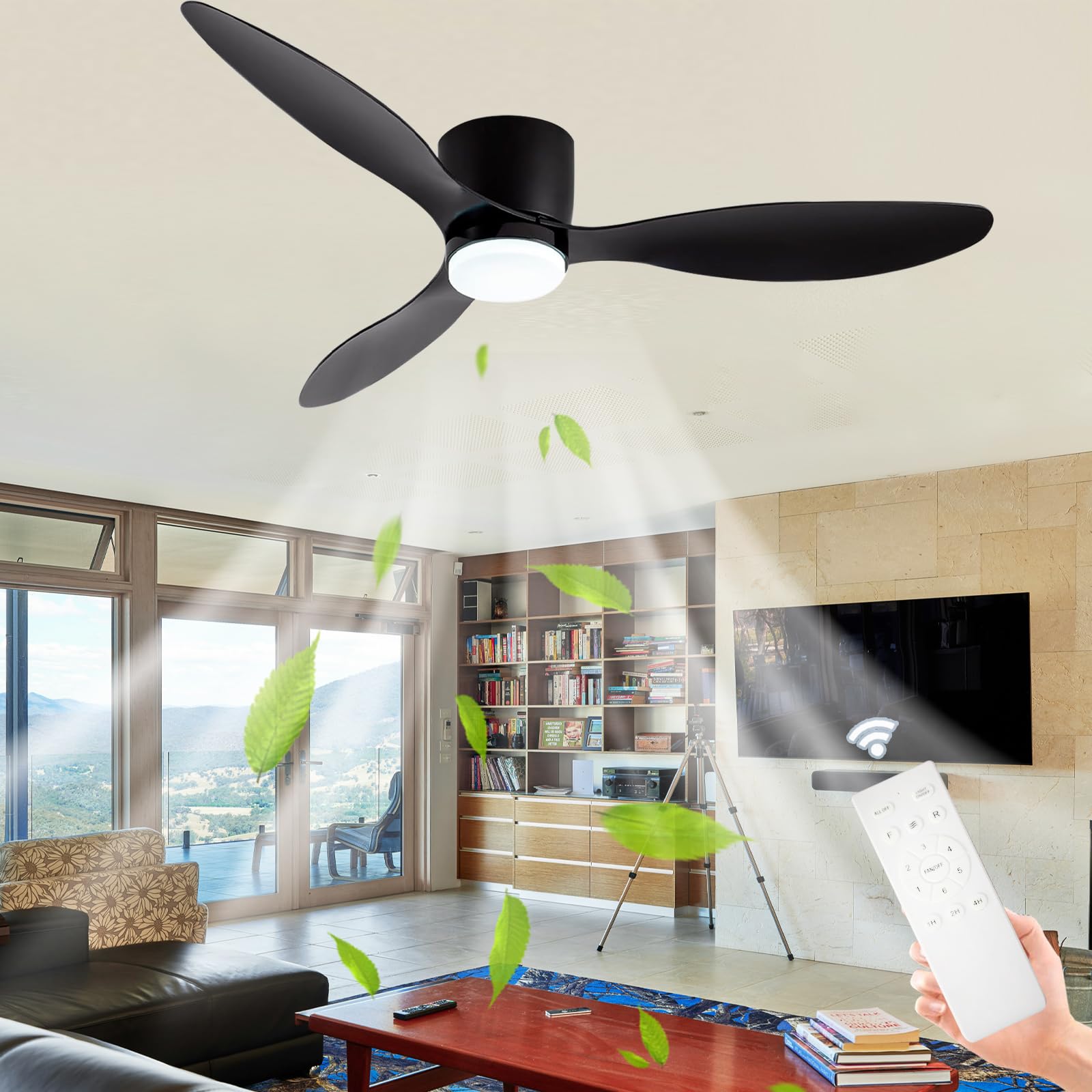HXYSXHJUO 132CM Ceiling Fans with Lights, 3 Fan Blades Lamps, Quiet Light Remote,Reversible DC Motor, for Living Room, Bedroom,Lounge-Black-52''