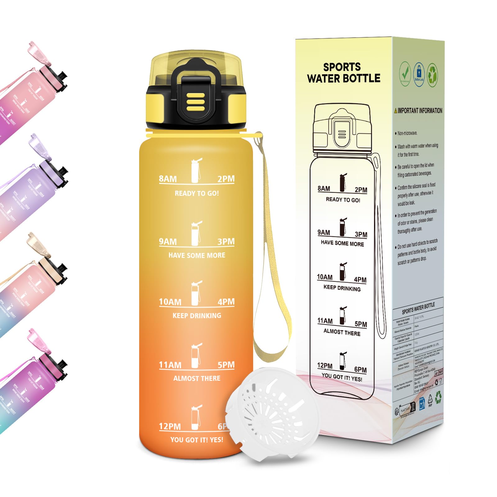 Motswedi Borraccia Bambini, 500ml Senza BPA, Design della serratura a prova di perdite, Borraccia Motivazionale, Con marca temporale, per Scuola, Sport e Trekking - Ambra&Arancio