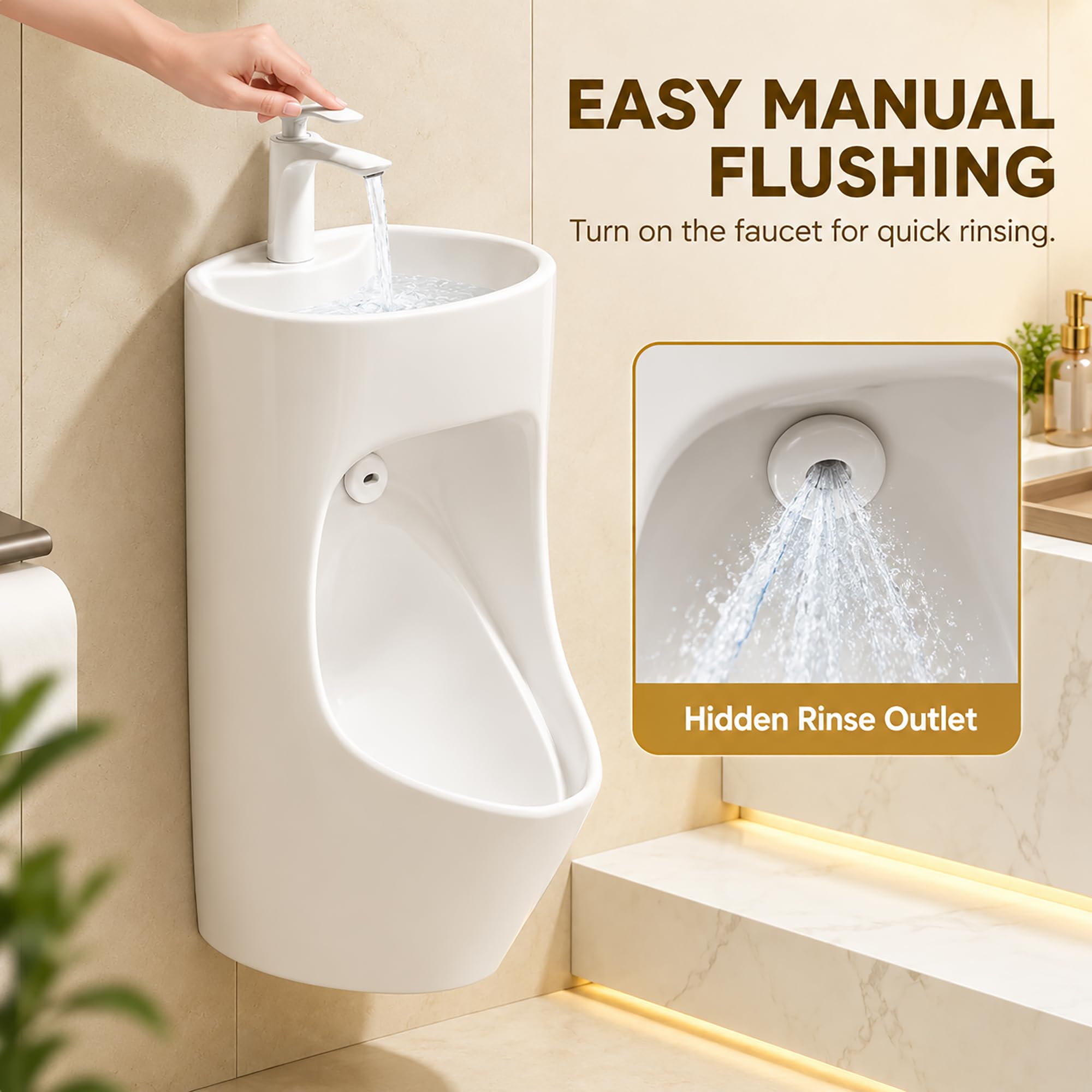 Urinario de Pared para Hombre con Lavabo y Grifo, Diseño Antisalpicaduras