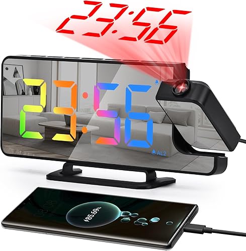 Reloj despertador de proyección para dormitorios, espejo LED de 7.3 pulgadas, reloj despertador digital con proyector de 180 en la pared del techo