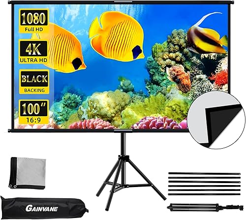 Soporte de trípode para proyector de 100 pulgadas, pantalla de proyección para interiores y exteriores con respaldo negro, 169 HD Premium sin