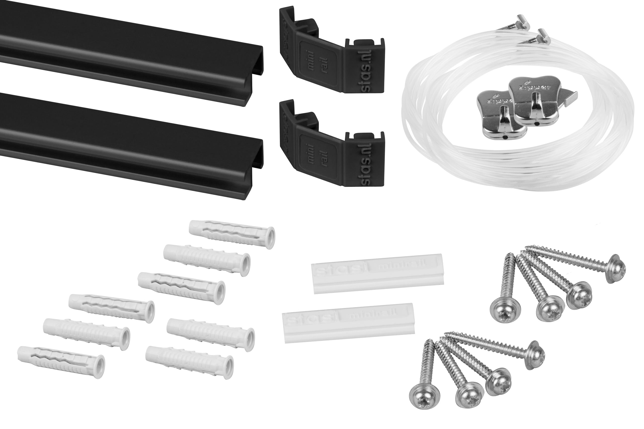Binari per appendere quadri, Alluminio / 200cm (2x 100cm) STAS Minirail - Sistema per appendere quadri, Set completo con ganci e corde