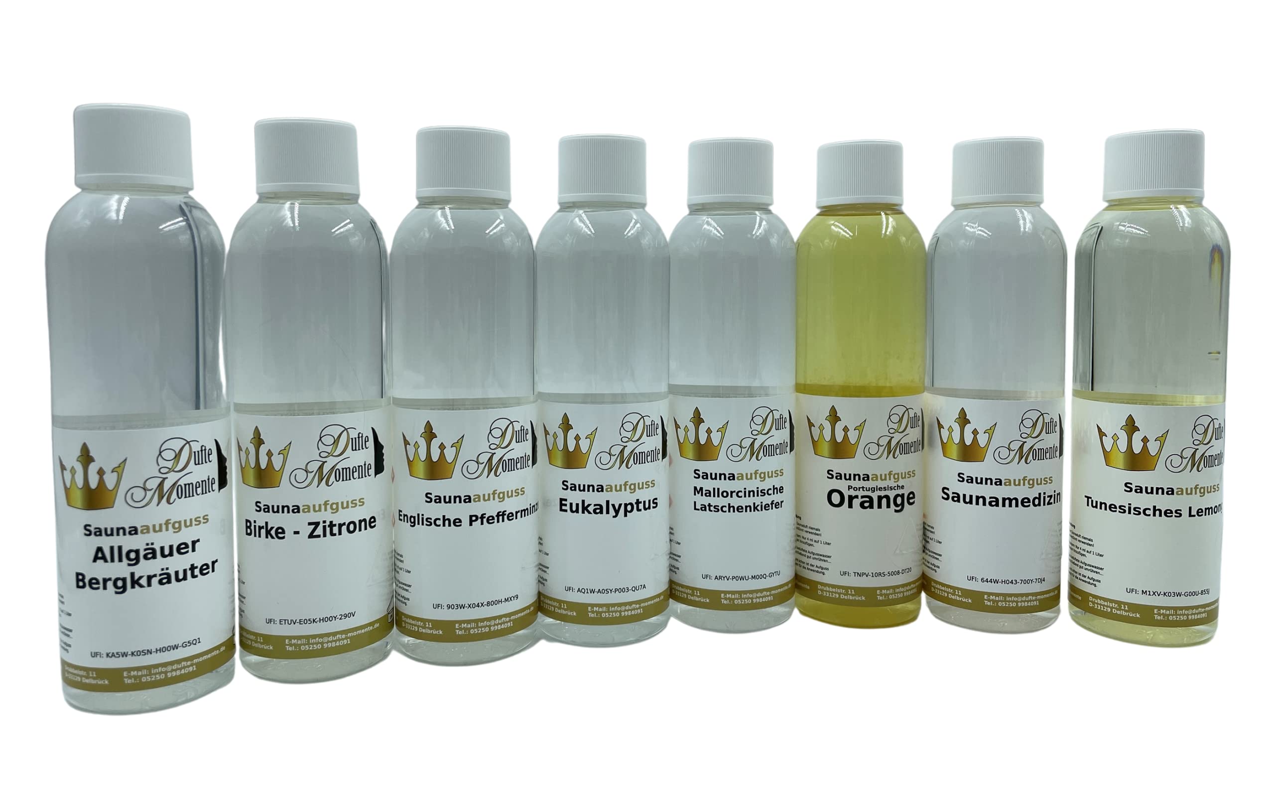 Dufte Momente | Saunaduft 8 x 250ml: Allgäuer Bergkräuter, Birke-Zitrone, Eukalyptus, Minze, Latschenkiefer, Orange, Saunamedizin (Kampfer, Zitrone), Lemongras | vegan