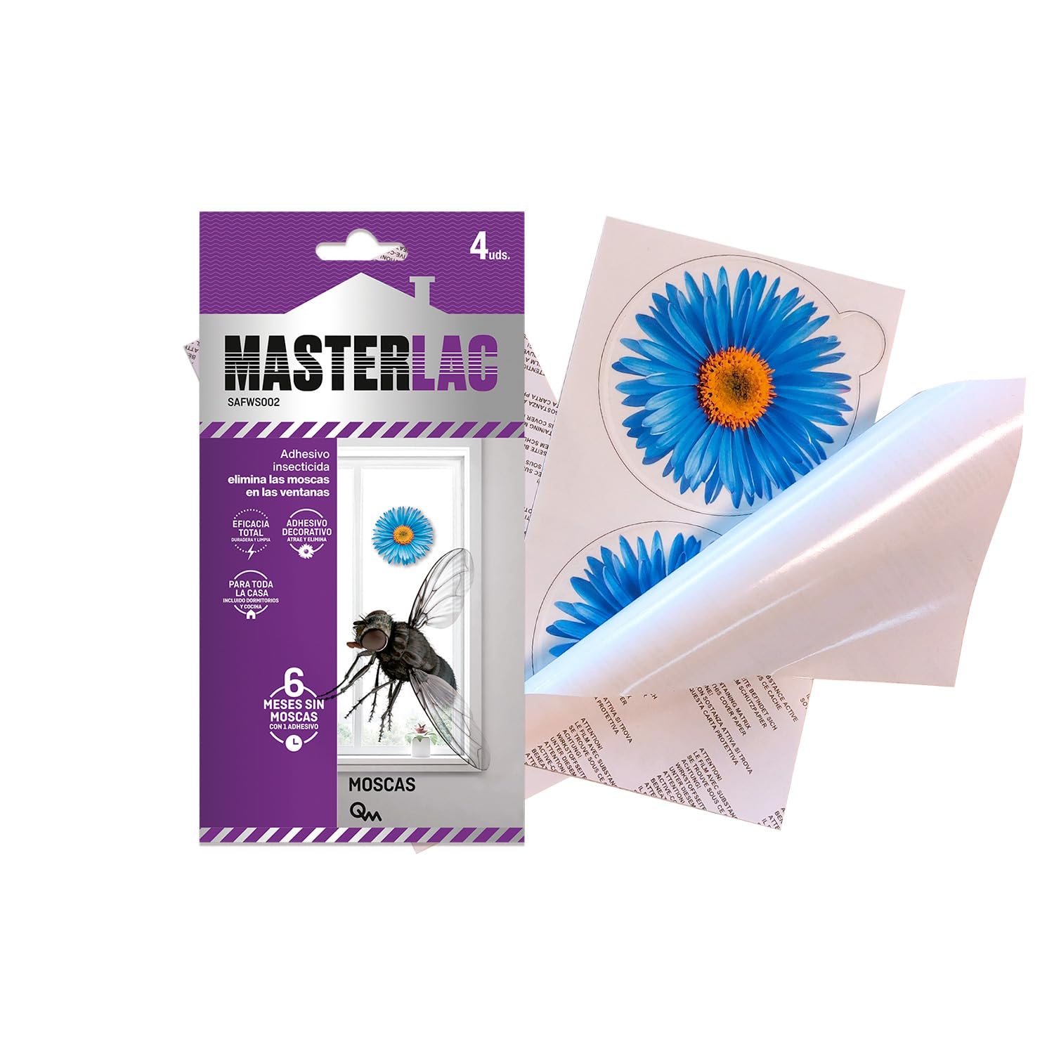 MASTERLAC - Insecticida Moscas Adhesivo-Flor - 4 Uds - Insecticida Decorativo Ventanas - 1 Adhesivo Protege 6 Meses - las Moscas Mueren Lejos de la Trampa - con Dinotefurán - Eficacia Total sin Olores