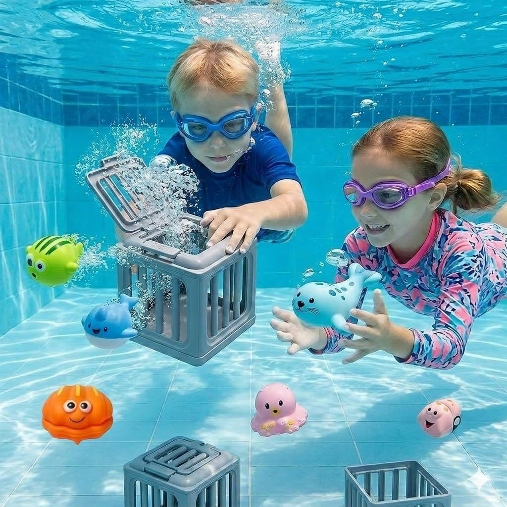 Confezione da 6 giocattoli di salvataggio subacquei, giocattoli per immersioni subacquee 2026 nuovi giocattoli per immersioni in piscina con scatole per pesci, con animali dell'oceano e gabbie